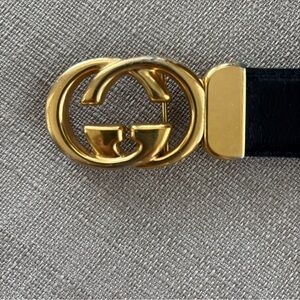 Gucci Black Belt with Gold GG Emblem. 38/95
